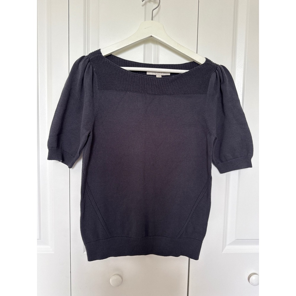 LOFT Womens Charcoal Gray Cotton Puff Short‎ Sleeve Boat Neck Sweater NWT Size M